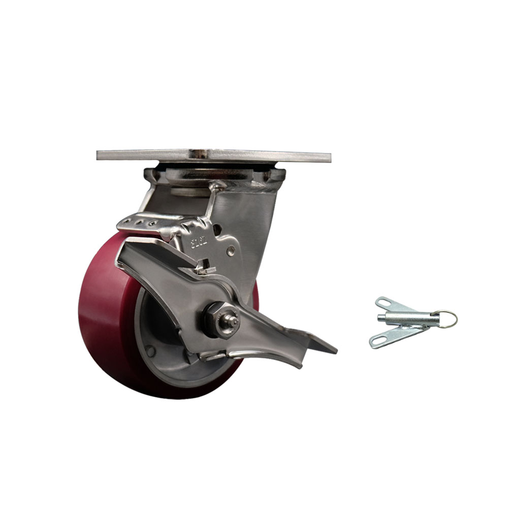 316 Stainless Steel Heavy Duty Swivel Top Plate Caster with Top Lock Brake and Bolt on Swivel Lock and 4 Inch Polyurethane on Aluminum Wheel with Ball Bearings - Service Caster Brand — photo 1