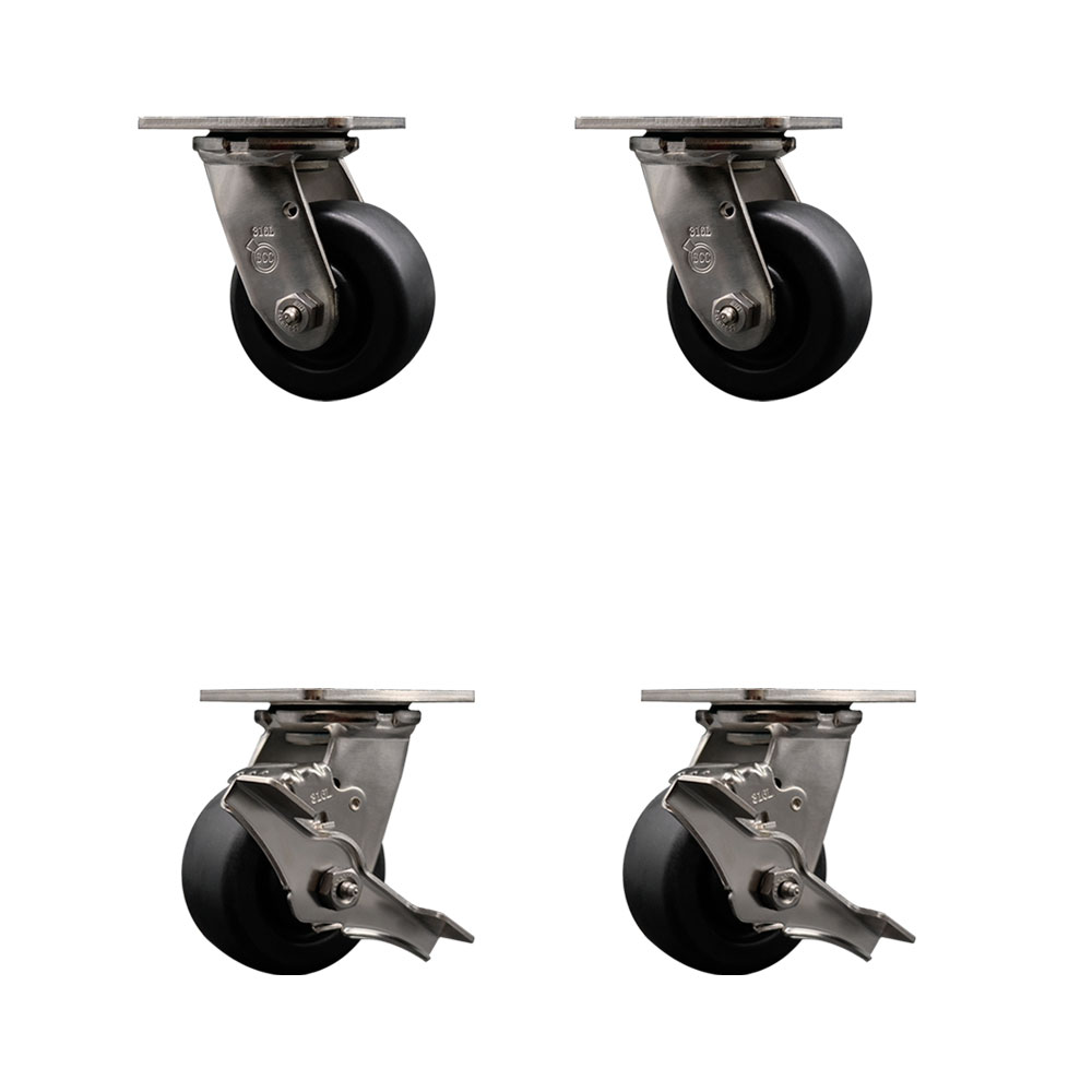 316 Stainless Steel Heavy Duty Swivel Caster Set of 4 with 4 Inch Polyolefin Wheels - Includes 2 Swivel with Brakes and 2 Swivel - 2,000 lbs. Total Capacity - Service Caster Brand — photo 1