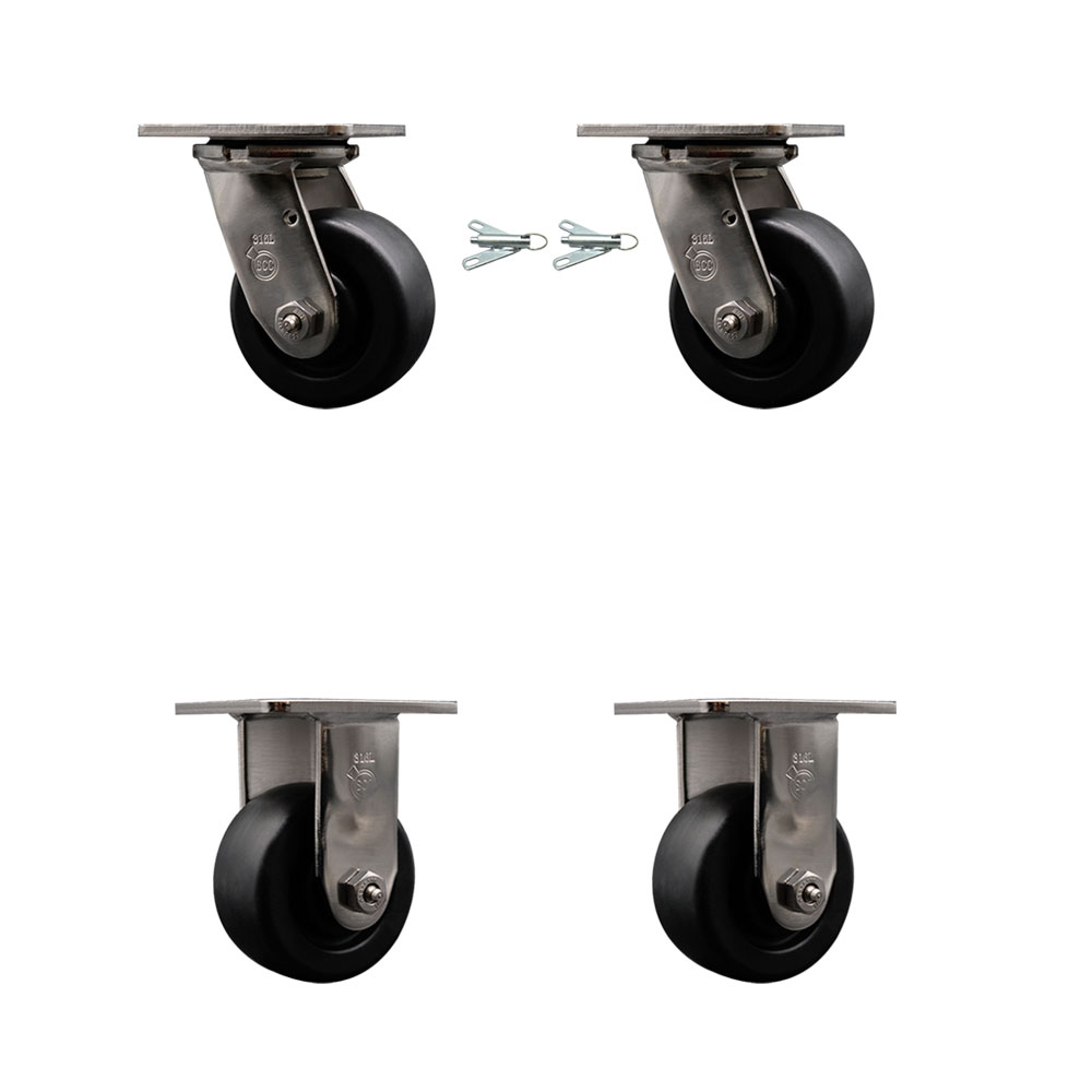 316 Stainless Steel Heavy Duty Swivel Caster Set of 4 with 4 Inch Polyolefin Wheels and Ball Bearings - Includes 2 Swivel with Bolt on Swivel Locks and 2 Rigid - Service Caster Brand — photo 1