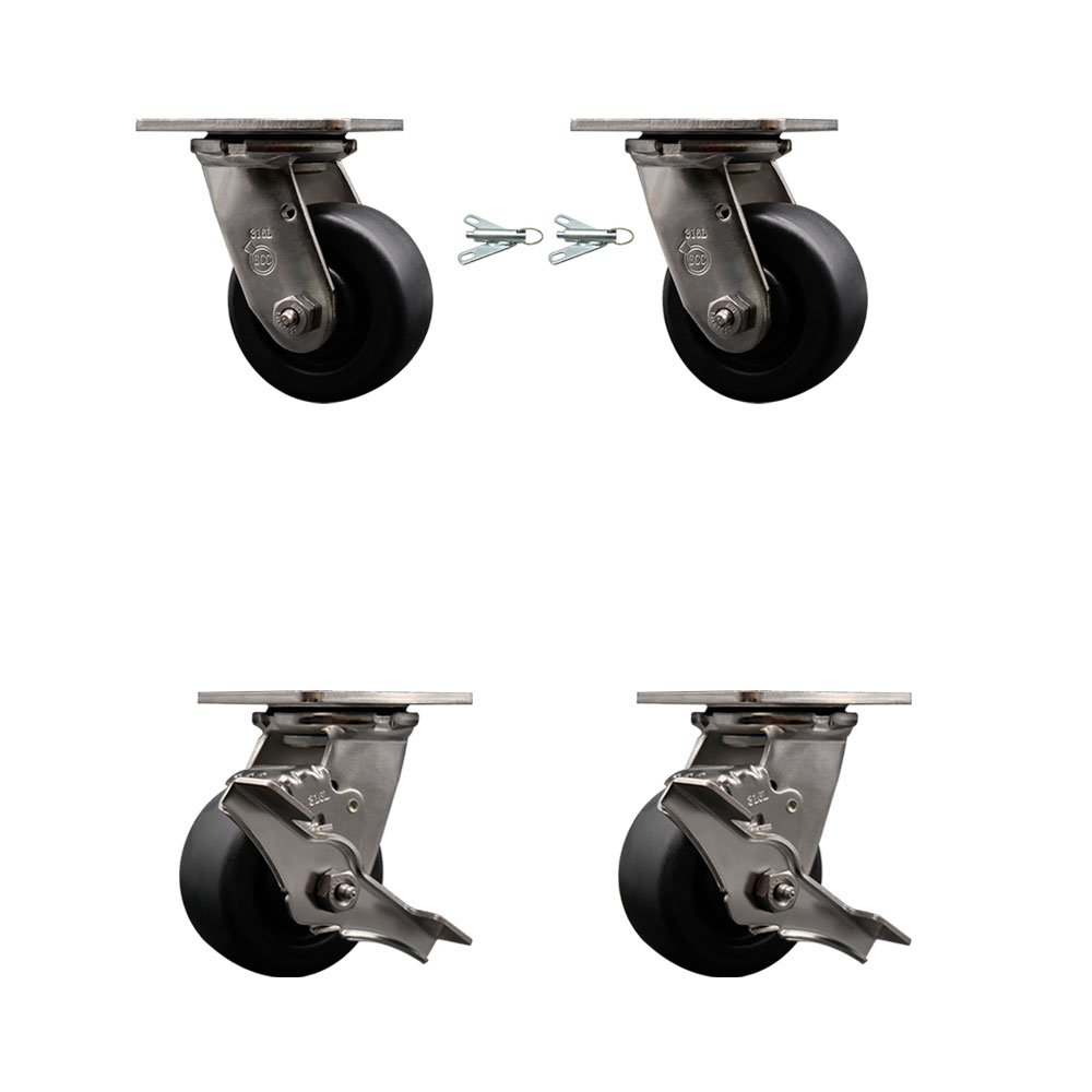 316 Stainless Steel Heavy Duty Swivel Caster Set with 4 Inch Polyolefin Wheels and Ball Bearings - Includes 2 Swivel with Bolt on Swivel Locks and 2 Swivel with Brakes - Service Caster Brand — photo 1