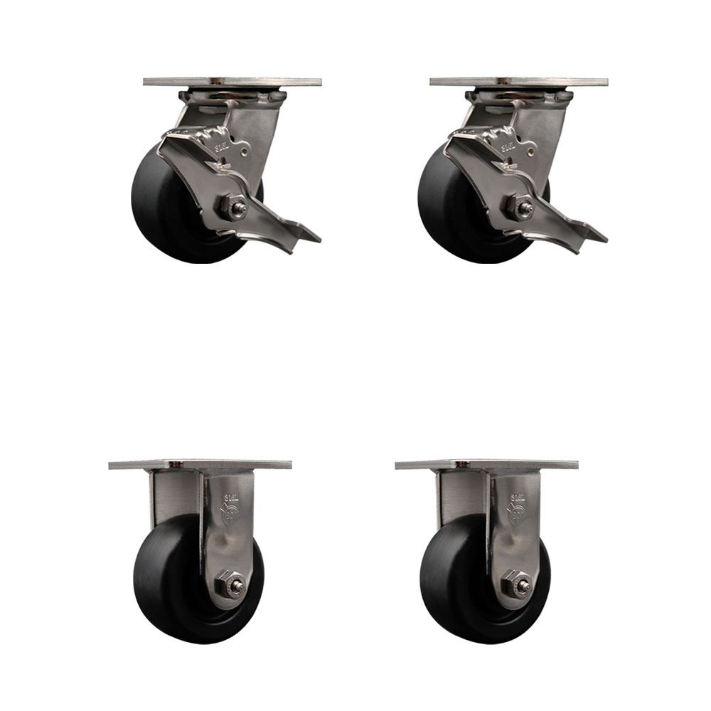 316 Stainless Steel Heavy Duty Swivel Caster Set of 4 with 4 Inch Polyolefin Wheels - Includes 2 Swivel with Brakes and 2 Rigid - 2,000 lbs. Total Capacity - Service Caster Brand — photo 1