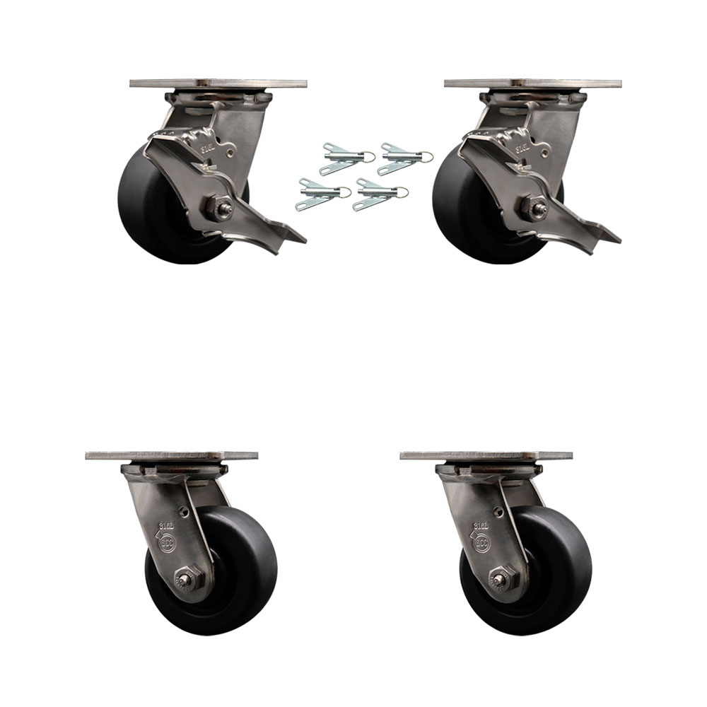 316 Stainless Heavy Duty Swivel Caster Set with 4 Inch Polyolefin Wheels - Includes 2 Swivel with Brakes and Bolt on Swivel Locks and 2 Swivel with Bolt on Swivel Locks - Service Caster Brand — photo 1