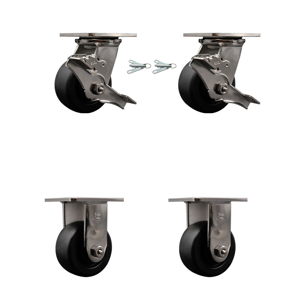 316 Stainless Steel Heavy Duty Swivel Caster Set with 4 Inch Polyolefin Wheels - Includes 2 Swivel with Brakes and Bolt on Swivel Locks and 2 Rigid - 2,000 lbs. Total Capacity - Service Caster Brand — photo 1