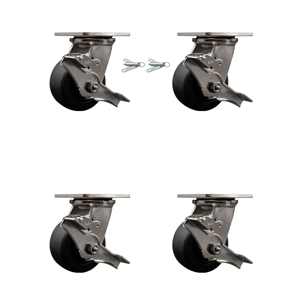 316 Stainless Steel Heavy Duty Swivel Caster Set with 4 Inch Polyolefin Wheels - Includes 2 Swivel with Brakes and Bolt on Swivel Locks and 2 Swivel with Brakes - Service Caster Brand — photo 1