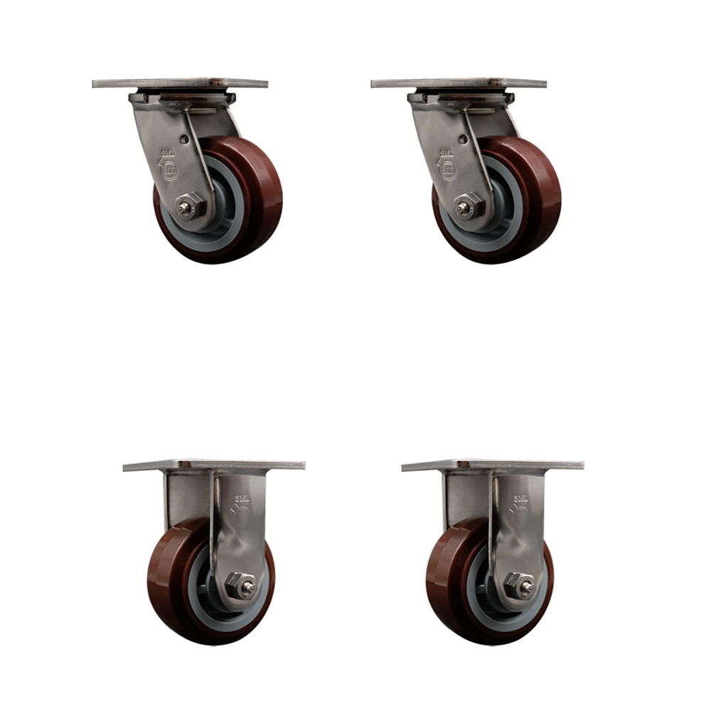 316 Stainless Steel Heavy Duty Swivel Caster Set of 4 with 4 Inch Polyurethane Wheels and Delrin Bearings - Includes 2 Swivel and 2 Rigid - 2,400 lbs. Total Capacity - Service Caster Brand — photo 1
