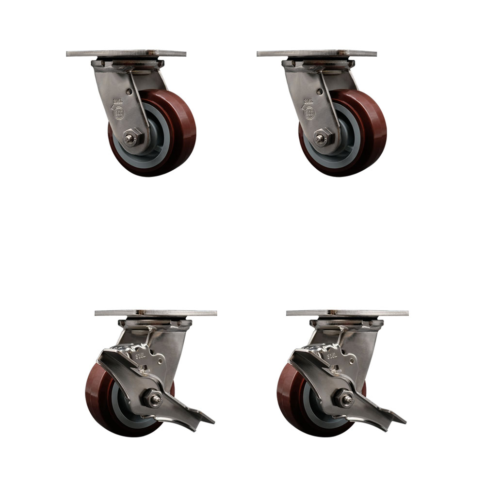 316 Stainless Steel Heavy Duty Swivel Caster Set of 4 with 4 Inch Polyurethane Wheels - Includes 2 Swivel with Brakes and 2 Swivel - 2,400 lbs. Total Capacity - Service Caster Brand — photo 1