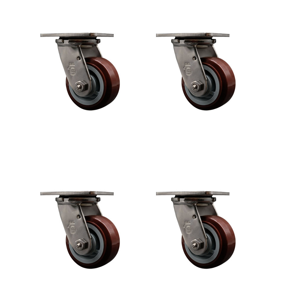 316 Stainless Steel Heavy Duty Swivel Caster Set of 4 with 4 Inch Polyurethane Wheels and Ball Bearings - Includes 4 Swivel - 2,400 lbs. Total Capacity - Service Caster Brand — photo 1
