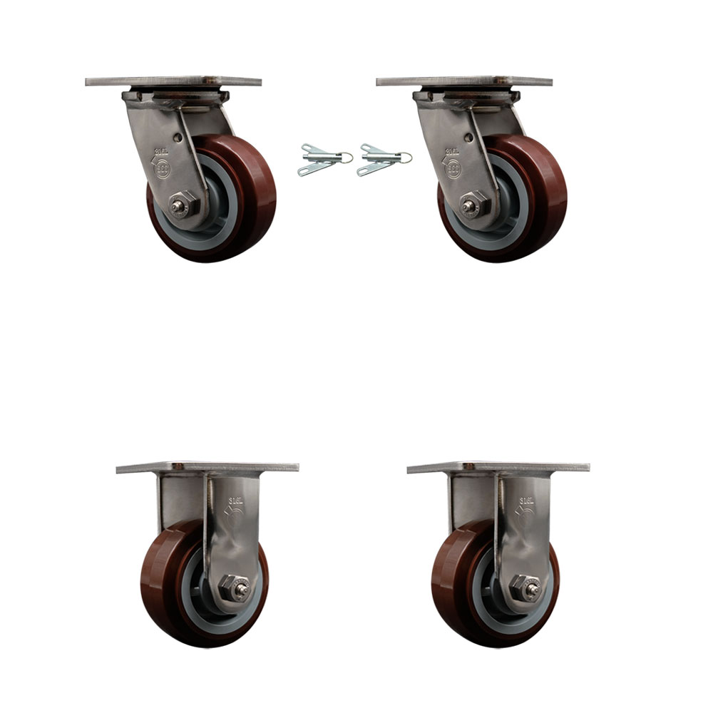 316 Stainless Steel Heavy Duty Swivel Caster Set of 4 with 4 Inch Polyurethane Wheels and Delrin Bearings - Includes 2 Swivel with Bolt on Swivel Locks and 2 Rigid - Service Caster Brand — photo 1