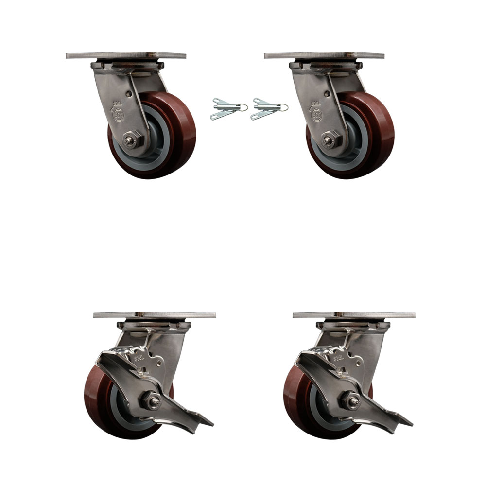 316 Stainless Steel Heavy Duty Swivel Caster Set with 4 Inch Polyurethane Wheels and Ball Bearings - Includes 2 Swivel with Bolt on Swivel Locks and 2 Swivel with Brakes - Service Caster Brand — photo 1