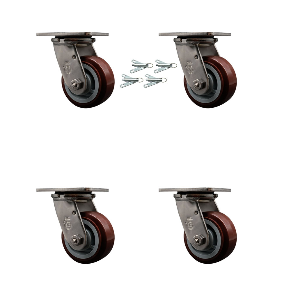 316 Stainless Steel Heavy Duty Swivel Caster Set of 4 with 4 Inch Polyurethane Wheels and Delrin Bearings - Includes 4 Swivel with Bolt on Swivel Locks-2,400 lbs. Total Capacity - Service Caster Brand — photo 1