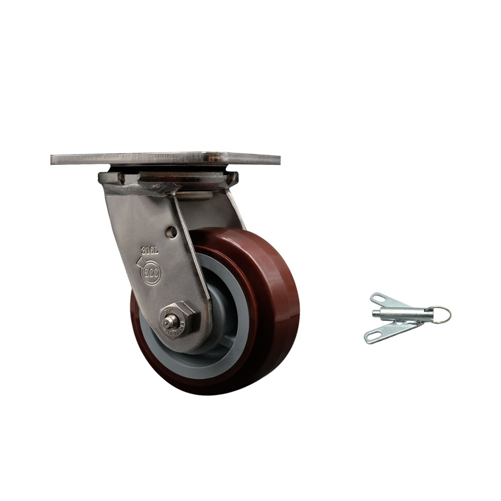 316 Stainless Steel Heavy Duty Swivel Top Plate Caster with Bolt on Swivel Lock and 4 Inch Polyurethane Wheel with Delrin Bearings - 600 lbs. Capacity/Caster - Service Caster Brand — photo 1