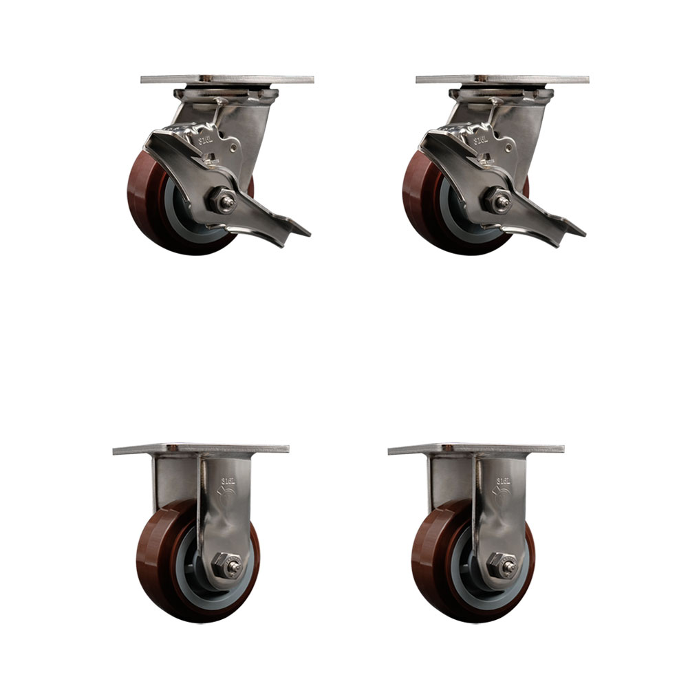 316 Stainless Steel Heavy Duty Swivel Caster Set of 4 with 4 Inch Polyurethane Wheels and Ball Bearings - Includes 2 Swivel with Brakes and 2 Rigid - 2,400 lbs. Total Capacity - Service Caster Brand — photo 1