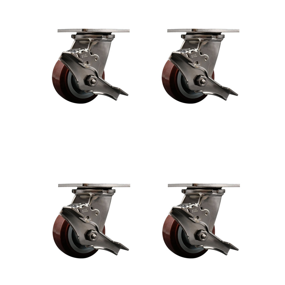 316 Stainless Steel Heavy Duty Swivel Caster Set of 4 with 4 Inch Polyurethane Wheels - Includes 4 Swivel with Top Lock Brakes - 2,400 lbs. Total Capacity - Service Caster Brand — photo 1