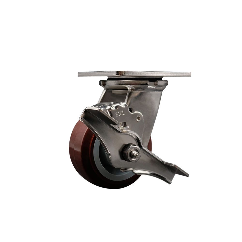316 Stainless Steel Heavy Duty Swivel Top Plate Caster with Top Lock Brake and 4 Inch Polyurethane Wheel with Delrin Bearings - 600 lbs. Capacity/Caster - Service Caster Brand — photo 1