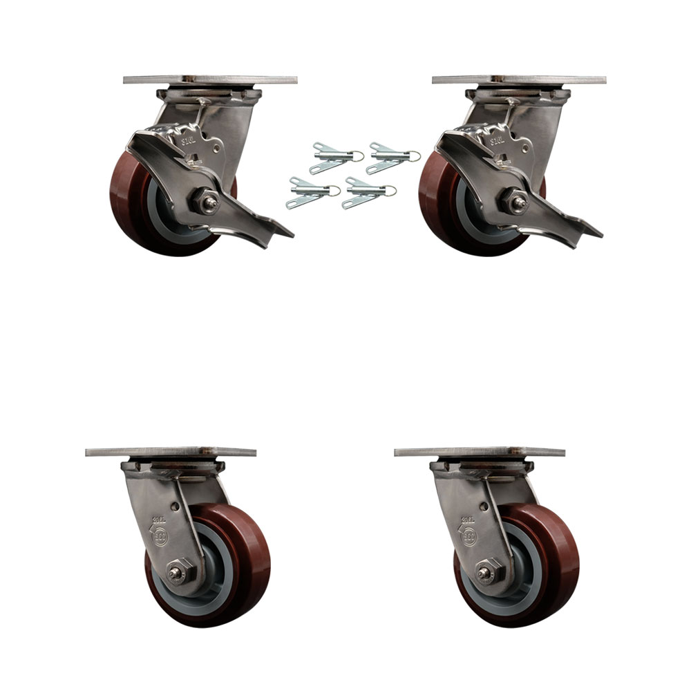 316 Stainless Heavy Duty Swivel Caster Set with 4 Inch Polyurethane Wheels - Includes 2 Swivel with Brakes and Bolt on Swivel Locks and 2 Swivel with Bolt on Swivel Locks - Service Caster Brand — photo 1