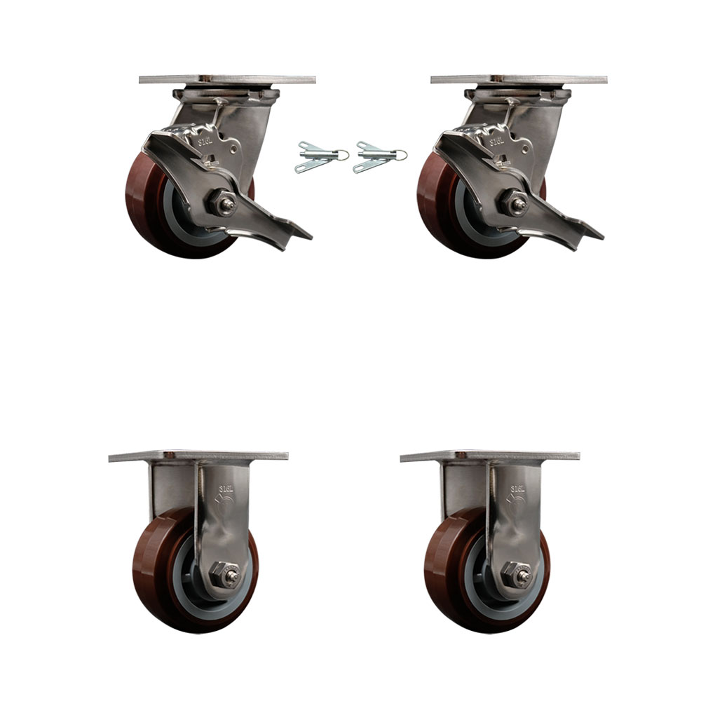 316 Stainless Steel Heavy Duty Swivel Caster Set with 4 Inch Polyurethane Wheels - Includes 2 Swivel with Brakes and Bolt on Swivel Locks and 2 Rigid - 2,400 lbs. Total Capacity - Service Caster Brand — photo 1