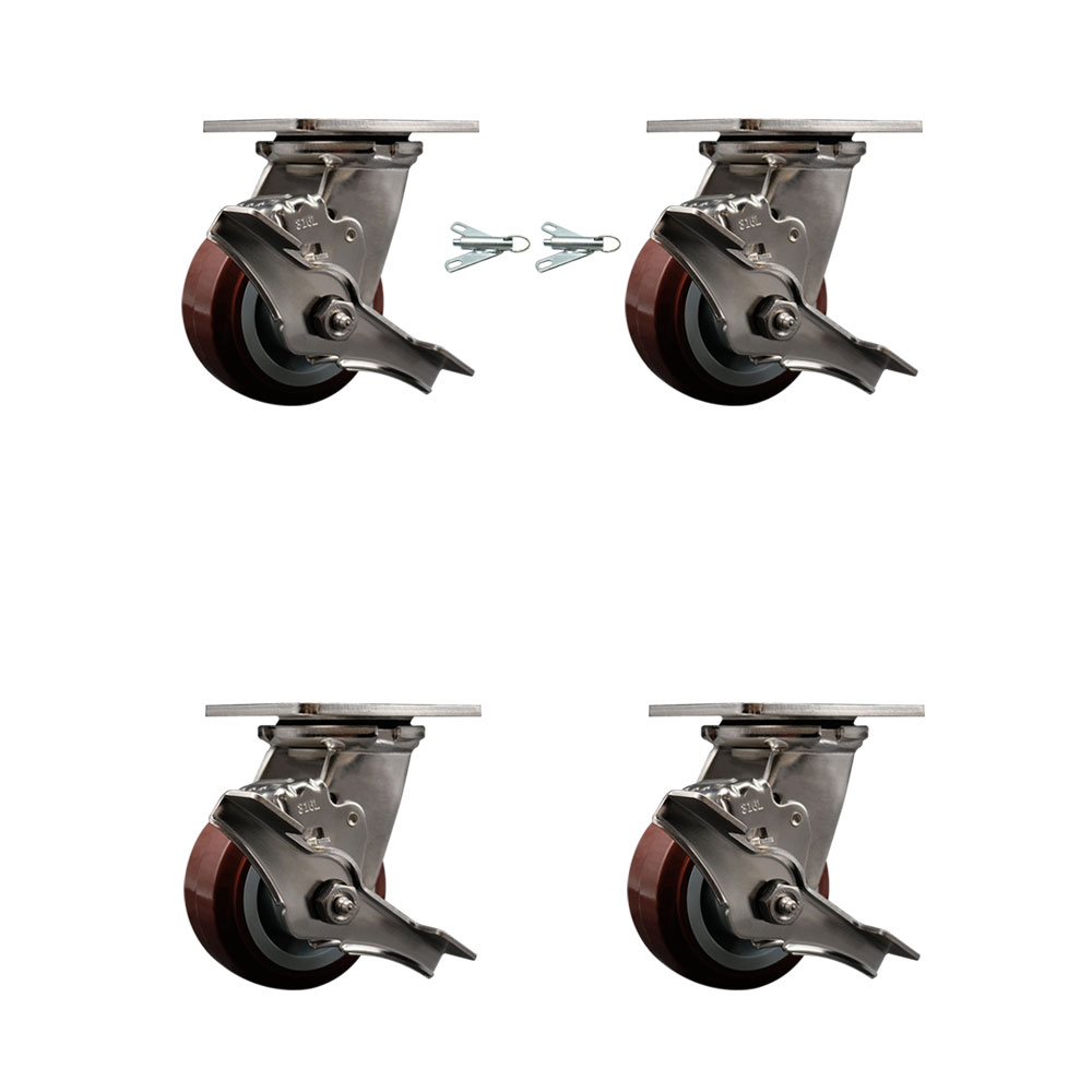 316 Stainless Steel Heavy Duty Swivel Caster Set with 4 Inch Polyurethane Wheels and Ball Bearings - Includes 2 Swivel w/Brakes and Bolt on Swivel Locks and 2 Swivel w/Brakes - Service Caster Brand — photo 1