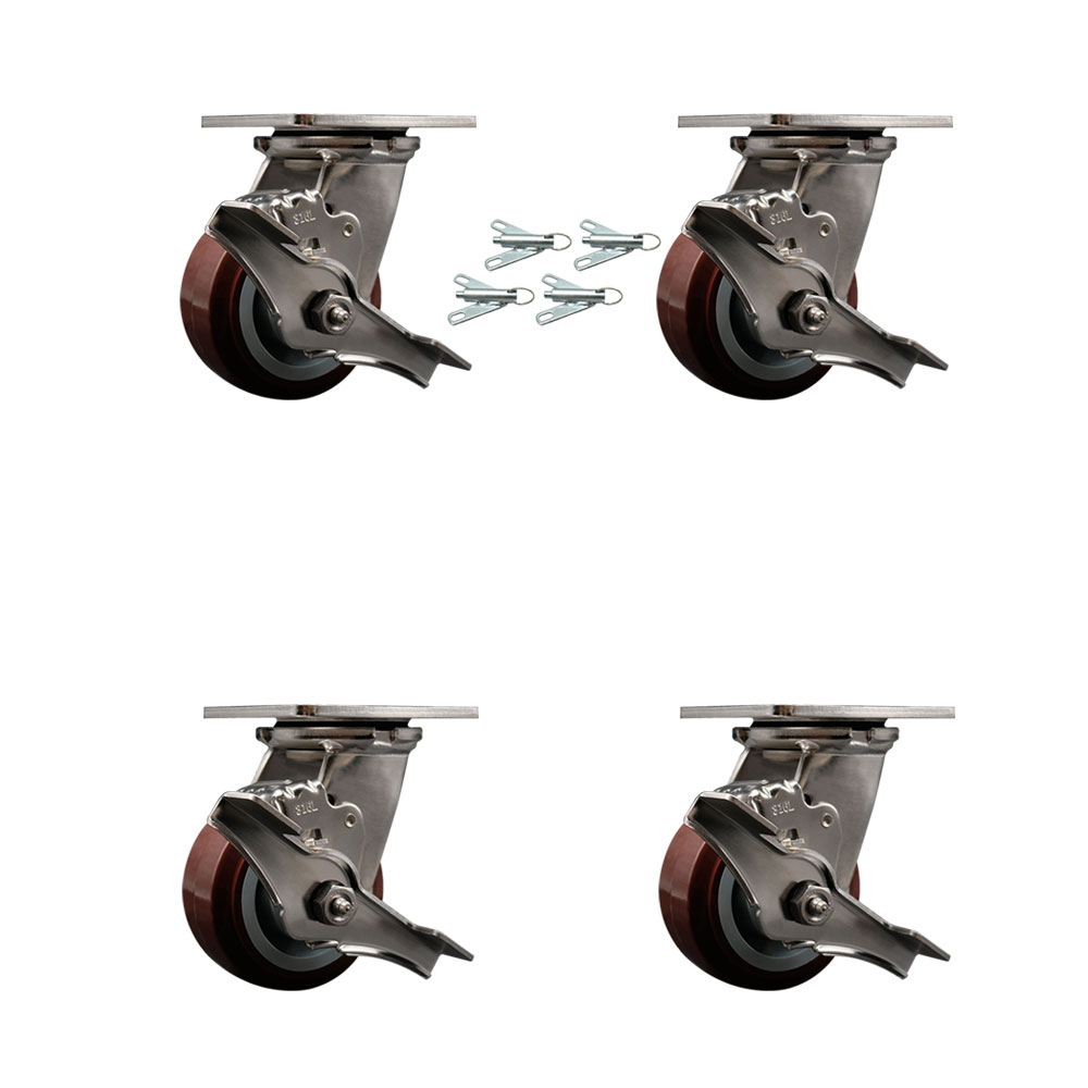 316 Stainless Steel Heavy Duty Swivel Caster Set of 4 with 4 Inch Polyurethane Wheels - Includes 4 Swivel with Top Lock Brakes and Bolt on Swivel Locks - 2,400 lbs. Total Capacity-Service Caster Brand — photo 1