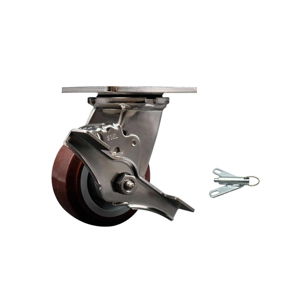316 Stainless Steel Heavy Duty Swivel Top Plate Caster with Top Lock Brake and Bolt on Swivel Lock and 4 Inch Polyurethane Wheel with Ball Bearings - 600 lbs. Capacity/Caster - Service Caster Brand — photo 1