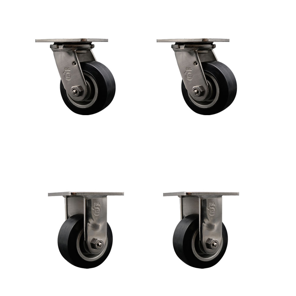 316 Stainless Steel Heavy Duty Swivel Caster Set of 4 with 4 Inch Rubber on Aluminum Wheels - Includes 2 Swivel and 2 Rigid - 1,600 lbs. Total Capacity - Service Caster Brand — photo 1