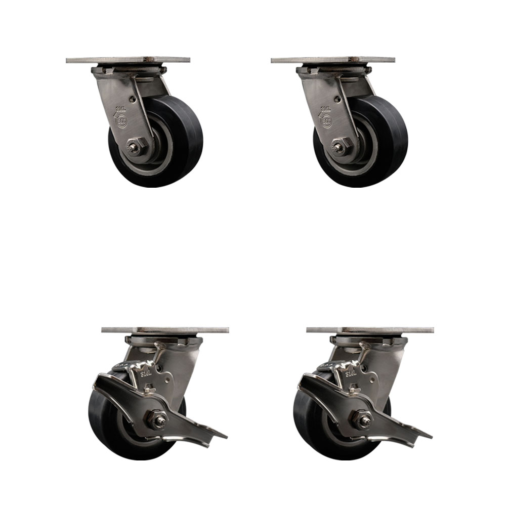 316 Stainless Steel Heavy Duty Swivel Caster Set of 4 with 4 Inch Rubber on Aluminum Wheels - Includes 2 Swivel with Brakes and 2 Swivel - 1,600 lbs. Total Capacity - Service Caster Brand — photo 1