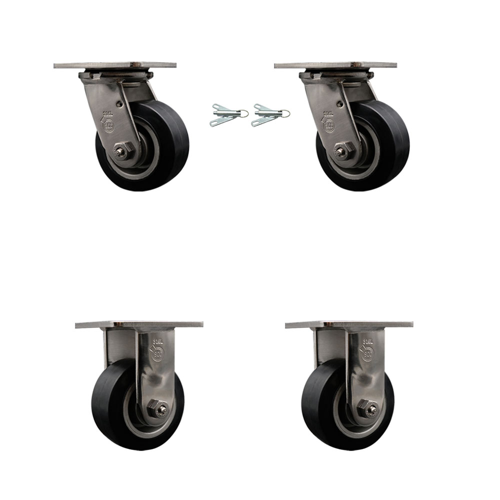 316 Stainless Steel Heavy Duty Swivel Caster Set of 4 with 4 Inch Rubber on Aluminum Wheels - Includes 2 Swivel with Bolt on Swivel Locks and 2 Rigid - 1,600 lbs. Total Capacity - Service Caster Brand — photo 1