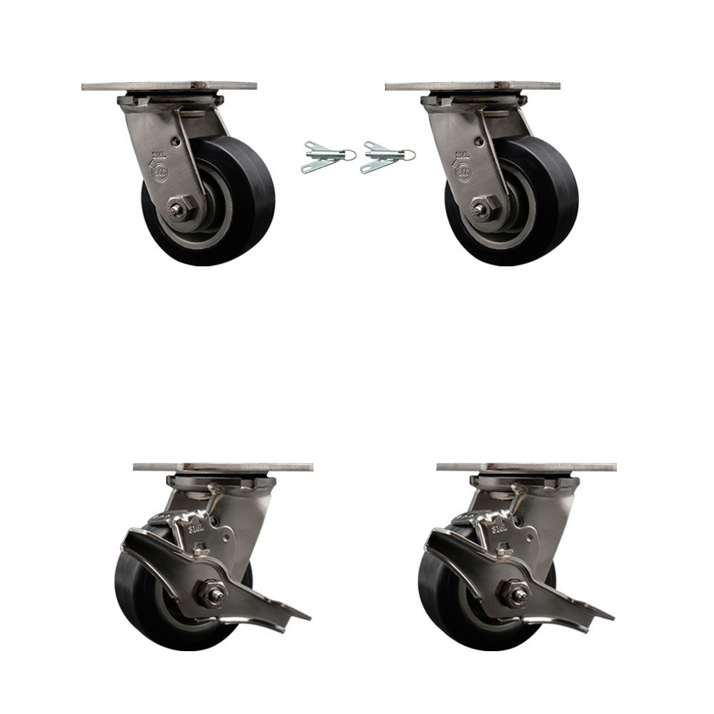 316 Stainless Steel Heavy Duty Swivel Caster Set with 4 Inch Rubber on Aluminum Wheels-Includes 2 Swivel with Bolt on Swivel Lock and 2 Swivel with Brake-1,600 lbs. Total Capacity-Service Caster Brand — photo 1