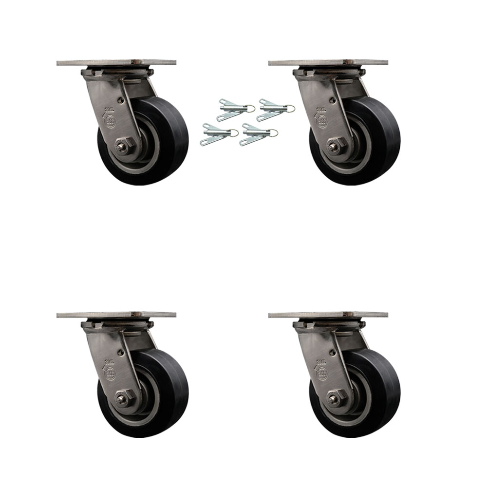 316 Stainless Steel Heavy Duty Swivel Caster Set of 4 with 4 Inch Rubber on Aluminum Wheels and Delrin Bearing-Includes 4 Swivel with Bolt on Swivel Lock-1,600 lbs. Total Capacity-Service Caster Brand — photo 1