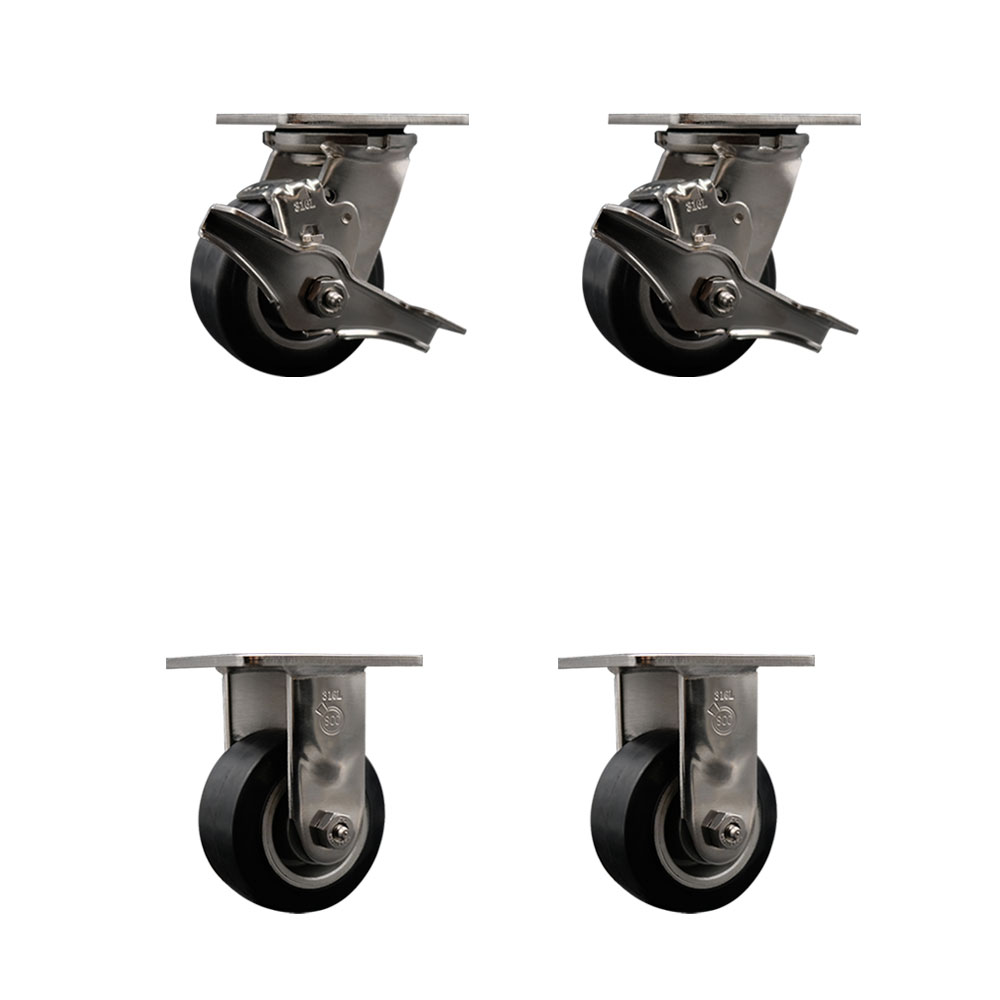 316 Stainless Steel Heavy Duty Swivel Caster Set of 4 with 4 Inch Rubber on Aluminum Wheels and Delrin Bearings - Includes 2 Swivel with Brakes and 2 Rigid - Service Caster Brand — photo 1