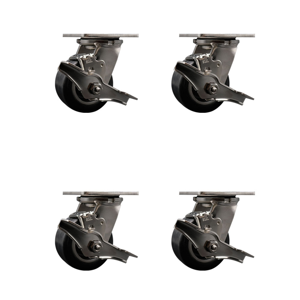 316 Stainless Steel Heavy Duty Swivel Caster Set of 4 with 4 Inch Rubber on Aluminum Wheels and Delrin Bearings - Includes 4 Swivel with Top Lock Brakes -1,600 lbs. Total Capacity-Service Caster Brand — photo 1