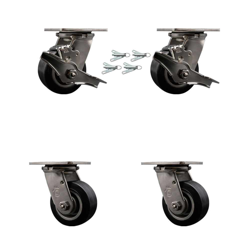 316 Stainless Heavy Duty Swivel Caster Set with 4 Inch Rubber on Aluminum Wheels - Includes 2 Swivel with Brake and Bolt on Swivel Lock and 2 Swivel with Bolt on Swivel Locks - Service Caster Brand — photo 1