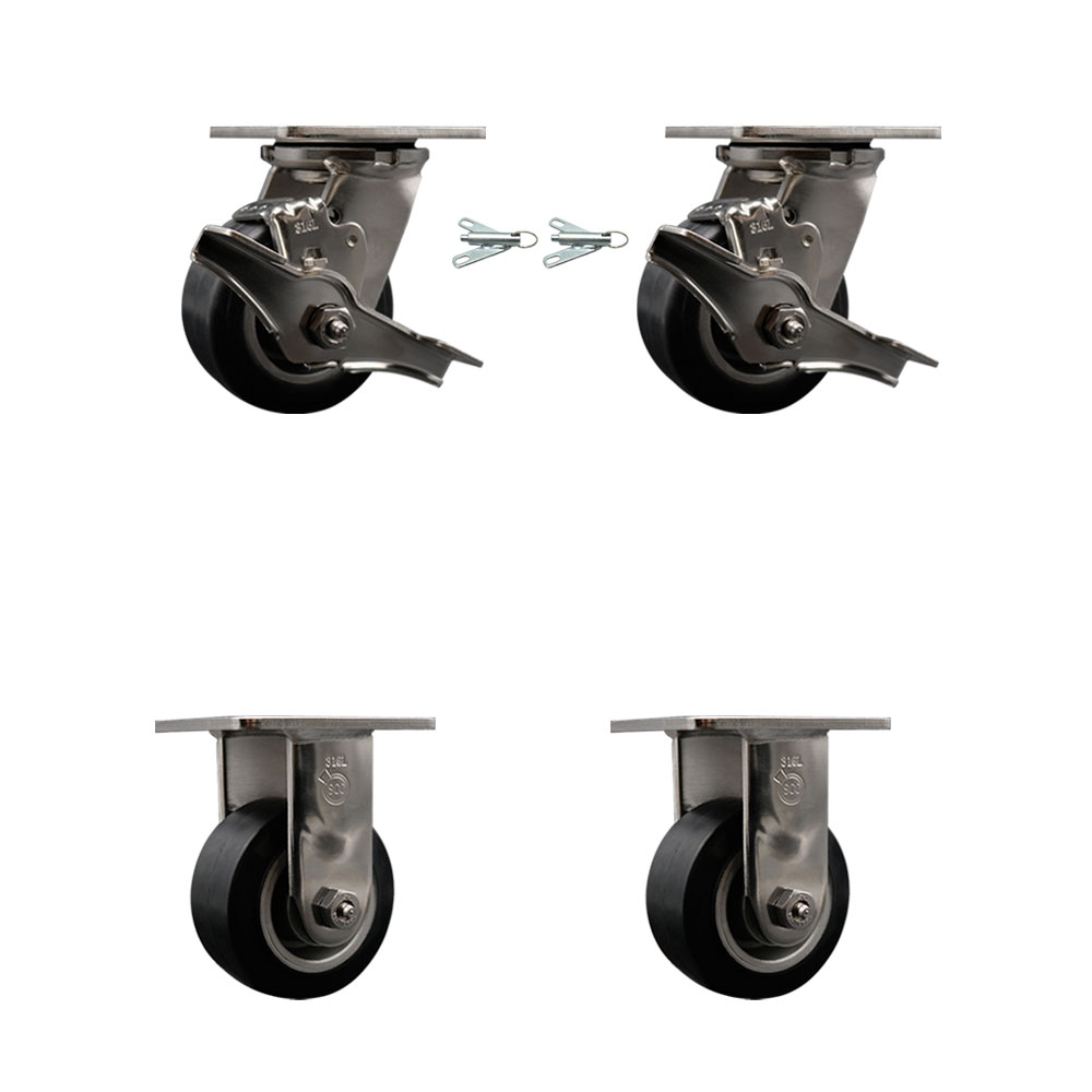 316 Stainless Steel Heavy Duty Swivel Caster Set with 4 Inch Rubber on Aluminum Wheels-Includes 2 Swivel with Brakes and Bolt on Swivel Locks and 2 Rigid-1,600 lbs. Total Capacity-Service Caster Brand — photo 1