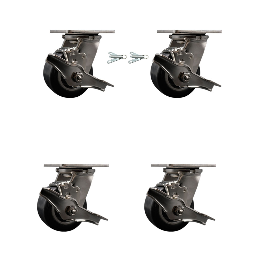 316 Stainless Steel Heavy Duty Swivel Caster Set with 4 Inch Rubber on Aluminum Wheels - Includes 2 Swivel with Brakes and Bolt on Swivel Locks and 2 Swivel with Brakes - Service Caster Brand — photo 1