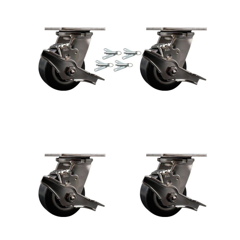 316 Stainless Steel Heavy Duty Swivel Caster Set of 4 with 4 Inch Rubber on Aluminum Wheels and Ball Bearings - Includes 4 Swivel with Top Lock Brakes and Bolt on Swivel Locks - Service Caster Brand — photo 1