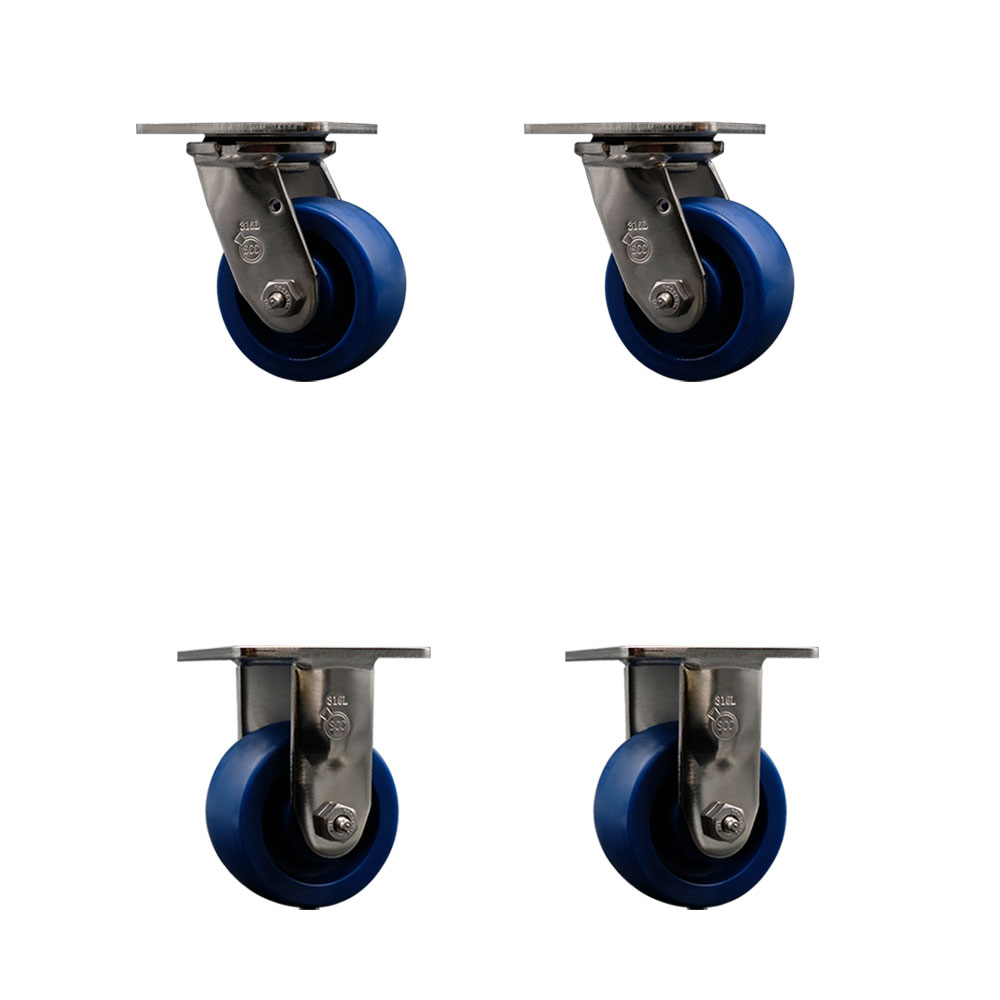 316 Stainless Steel Heavy Duty Swivel Caster Set of 4 with 4 Inch Solid Polyurethane Wheels and Ball Bearings - Includes 2 Swivel and 2 Rigid - 2,800 lbs. Total Capacity - Service Caster Brand — photo 1