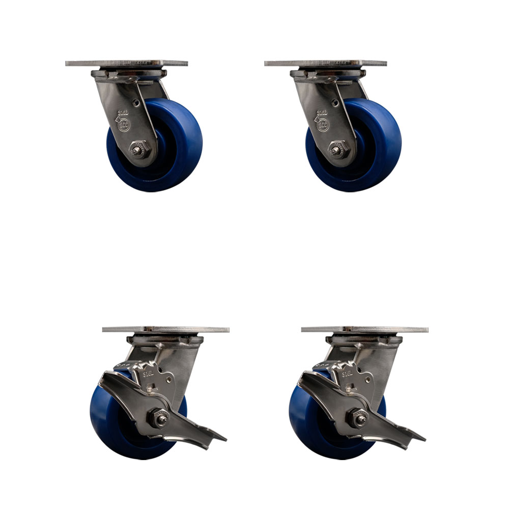 316 Stainless Steel Heavy Duty Swivel Caster Set of 4 with 4 Inch Solid Polyurethane Wheels and Ball Bearings -Includes 2 Swivel with Brakes and 2 Swivel-2,800 lbs. Total Capacity-Service Caster Brand — photo 1