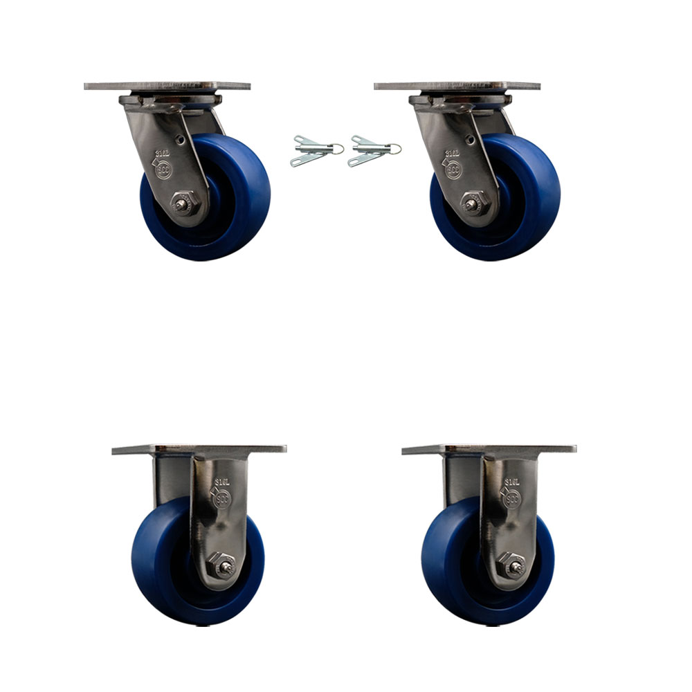 316 Stainless Steel Heavy Duty Swivel Caster Set of 4 with 4 Inch Solid Polyurethane Wheels and Ball Bearings - Includes 2 Swivel with Bolt on Swivel Locks and 2 Rigid - Service Caster Brand — photo 1