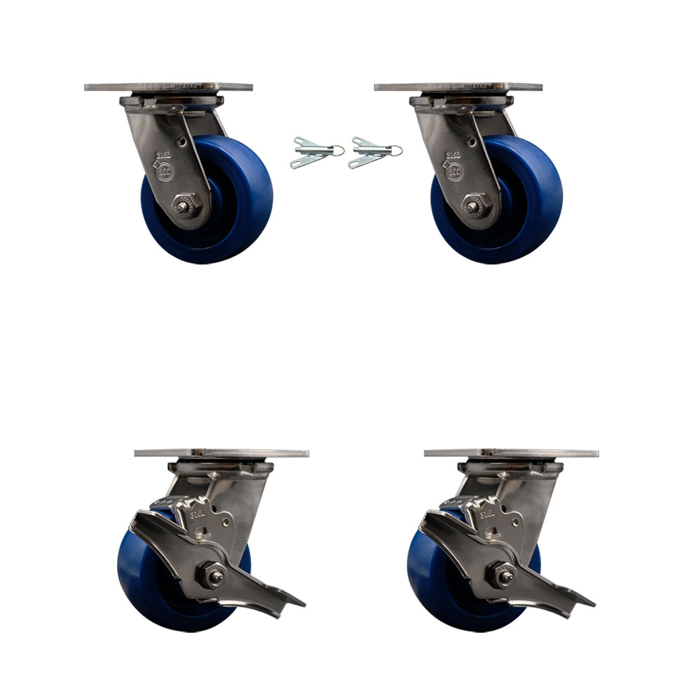 316 Stainless Steel Heavy Duty Swivel Caster Set with 4 Inch Solid Polyurethane Wheels and Ball Bearings - Includes 2 Swivel with Bolt on Swivel Locks and 2 Swivel with Brakes - Service Caster Brand — photo 1