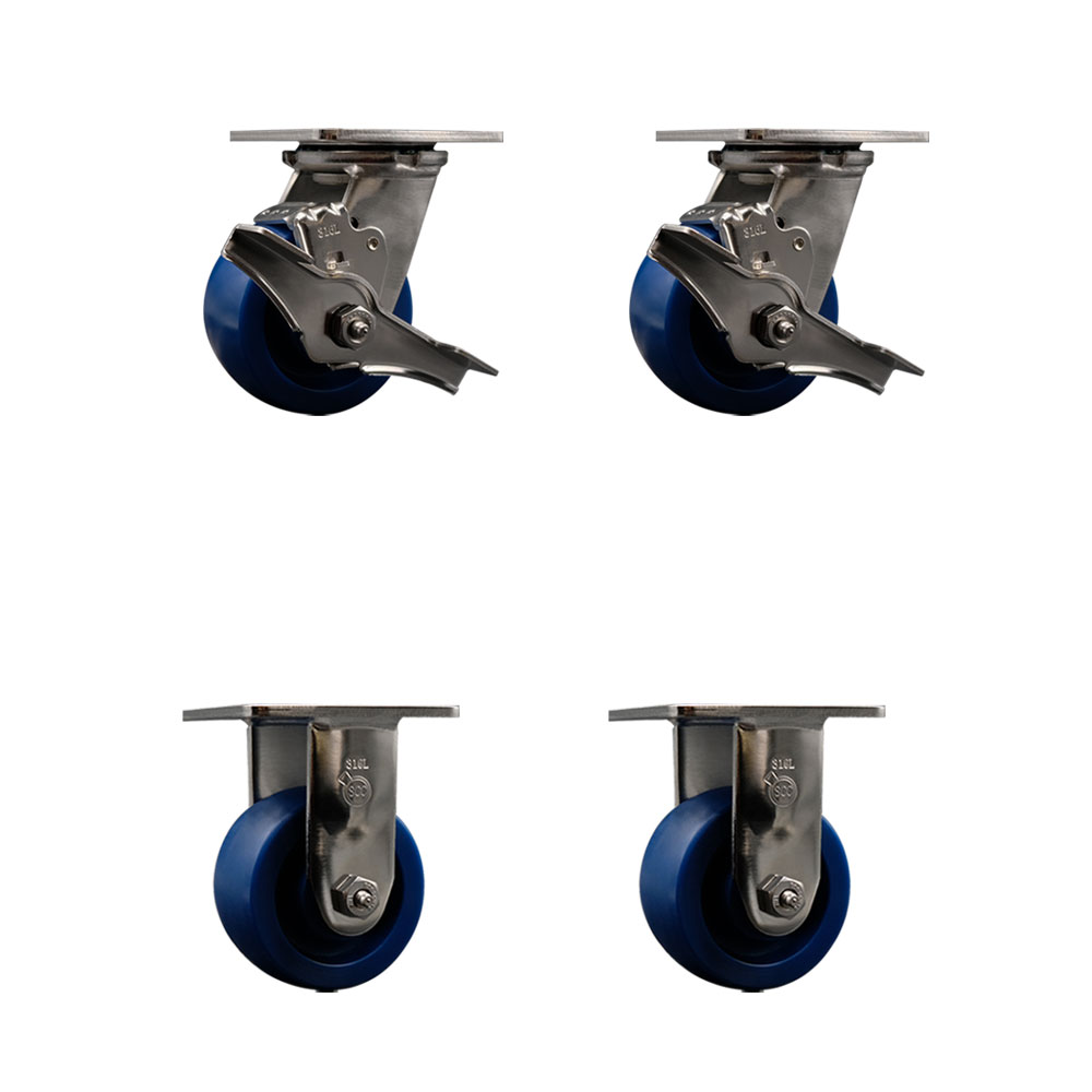 316 Stainless Steel Heavy Duty Swivel Caster Set of 4 with 4 Inch Solid Polyurethane Wheels and Delrin Bearings-Includes 2 Swivel with Brakes and 2 Rigid-2,800 lbs. Total Capacity-Service Caster Brand — photo 1