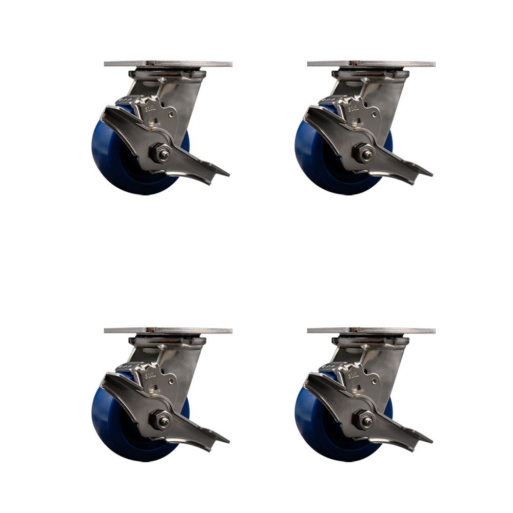 316 Stainless Steel Heavy Duty Swivel Caster Set of 4 with 4 Inch Solid Polyurethane Wheels and Ball Bearings - Includes 4 Swivel with Top Lock Brakes - 2,800 lbs. Total Capacity- Service Caster Brand — photo 1