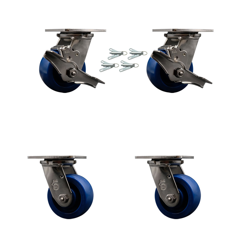 316 Stainless Heavy Duty Swivel Caster Set with 4 Inch Solid Poly Wheels and Delrin Bearings - Includes 2 Swivel w/Brakes&Bolt on Swivel Lock and 2 Swivel w/Bolt on Swivel Locks - Service Caster Brand — photo 1