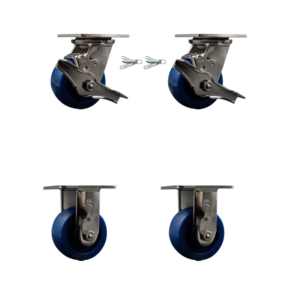 316 Stainless Steel Heavy Duty Swivel Caster Set with 4 Inch Solid Polyurethane Wheels-Includes 2 Swivel with Brakes and Bolt on Swivel Locks and 2 Rigid-2,800 lbs. Total Capacity-Service Caster Brand — photo 1