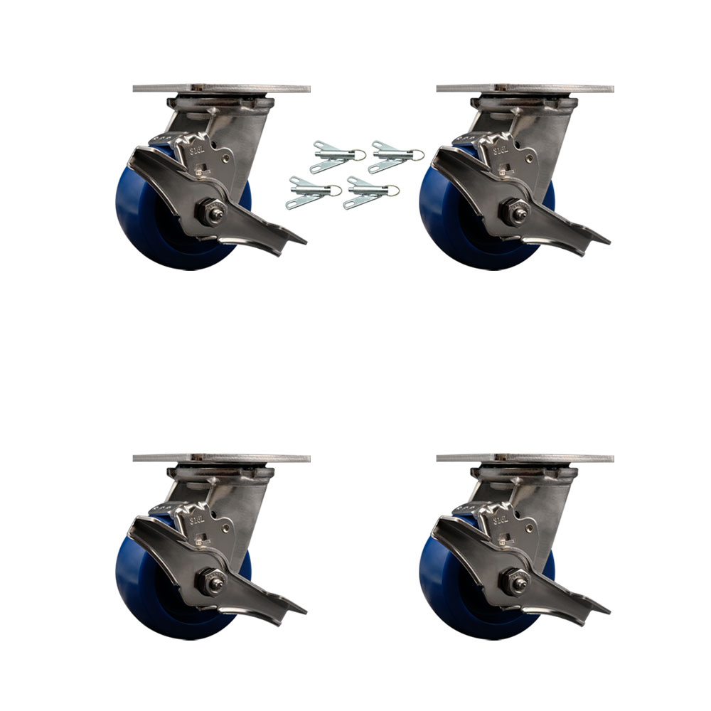 316 Stainless Steel Heavy Duty Swivel Caster Set of 4 with 4 Inch Solid Polyurethane Wheels-Includes 4 Swivel with Top Lock Brake and Bolt on Swivel Lock-2,800 lbs. Total Capacity-Service Caster Brand — photo 1