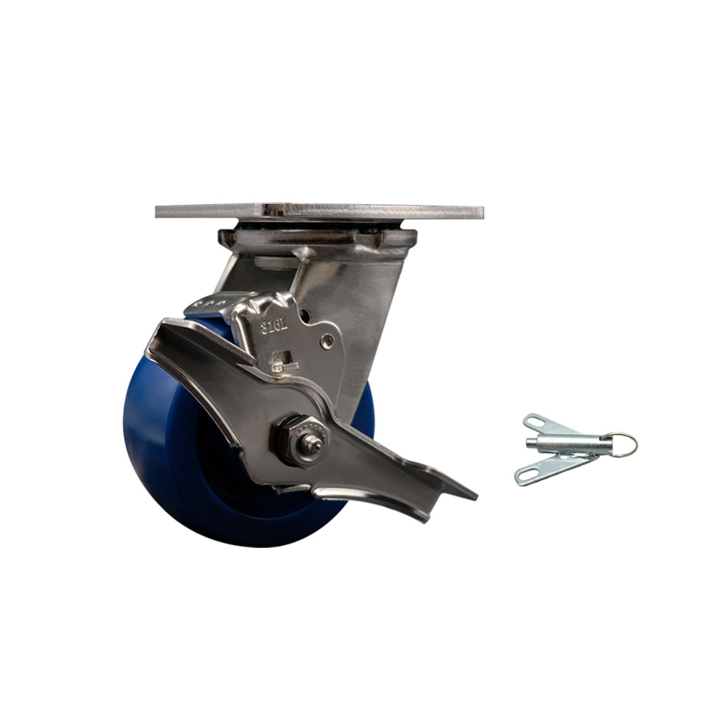 316 Stainless Steel Heavy Duty Swivel Top Plate Caster with Top Lock Brake and Bolt on Swivel Lock and 4 Inch Solid Polyurethane Wheel with Ball Bearings- 700 lbs. Capacity/Caster-Service Caster Brand — photo 1