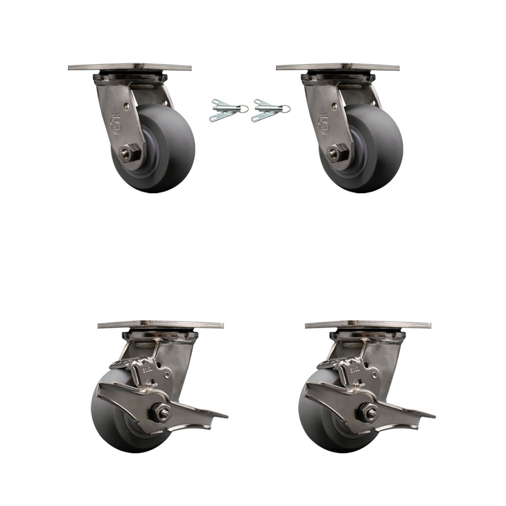 316 Stainless Steel Heavy Duty Swivel Caster Set with 4 Inch Thermoplastic Rubber Donut Tread Wheels and Ball Bearings-Includes 2 Swivel w/Bolt on Swivel Lock and 2 Swivel w/Brake-Service Caster Brand — photo 1