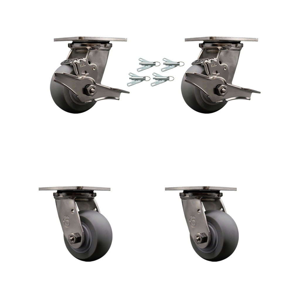 316 Stainless Heavy Duty Swivel Caster Set with 4 Inch Thermoplastic Rubber Donut Tread Wheels and Delrin Bearings-Include 2 Swivel w/Brakes&Swivel Lock and 2 Swivel w/Swivel Lock-Service Caster Brand — photo 1
