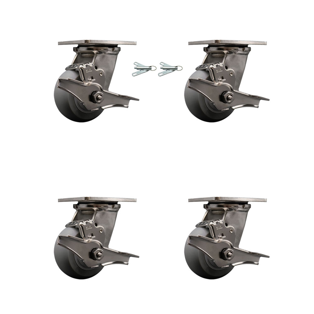 316 Stainless Steel Heavy Duty Swivel Caster Set with 4 Inch Thermoplastic Rubber Donut Tread Wheels - Includes 2 Swivel with Brakes and Swivel Locks and 2 Swivel with Brakes - Service Caster Brand — photo 1