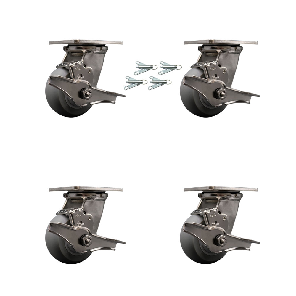 316 Stainless Steel Heavy Duty Swivel Caster Set of 4 with 4 Inch Thermoplastic Rubber Donut Tread Wheels and Delrin Bearings - Includes 4 Swivel w/Brakes and Bolt on Swivel Locks-Service Caster Brand — photo 1