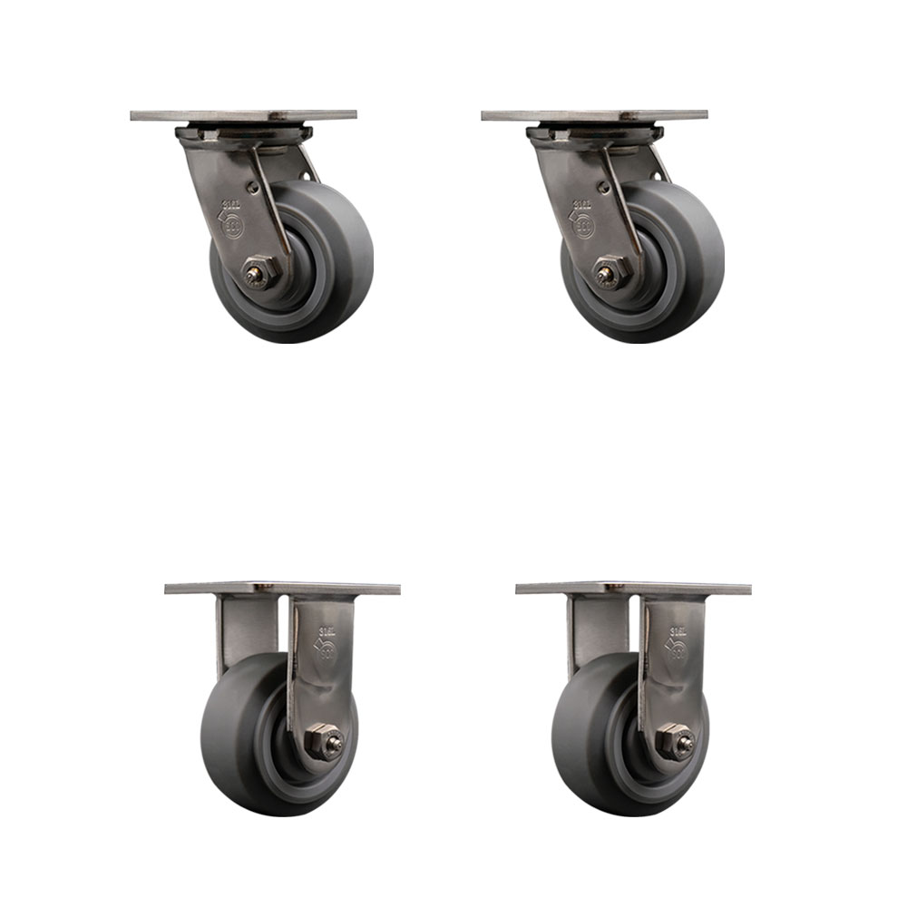316 Stainless Steel Heavy Duty Swivel Caster Set of 4 with 4 Inch Thermoplastic Rubber Flat Tread Wheel and Delrin Bearing-Includes 2 Swivel and 2 Rigid-1,200 lbs. Total Capacity- Service Caster Brand — photo 1