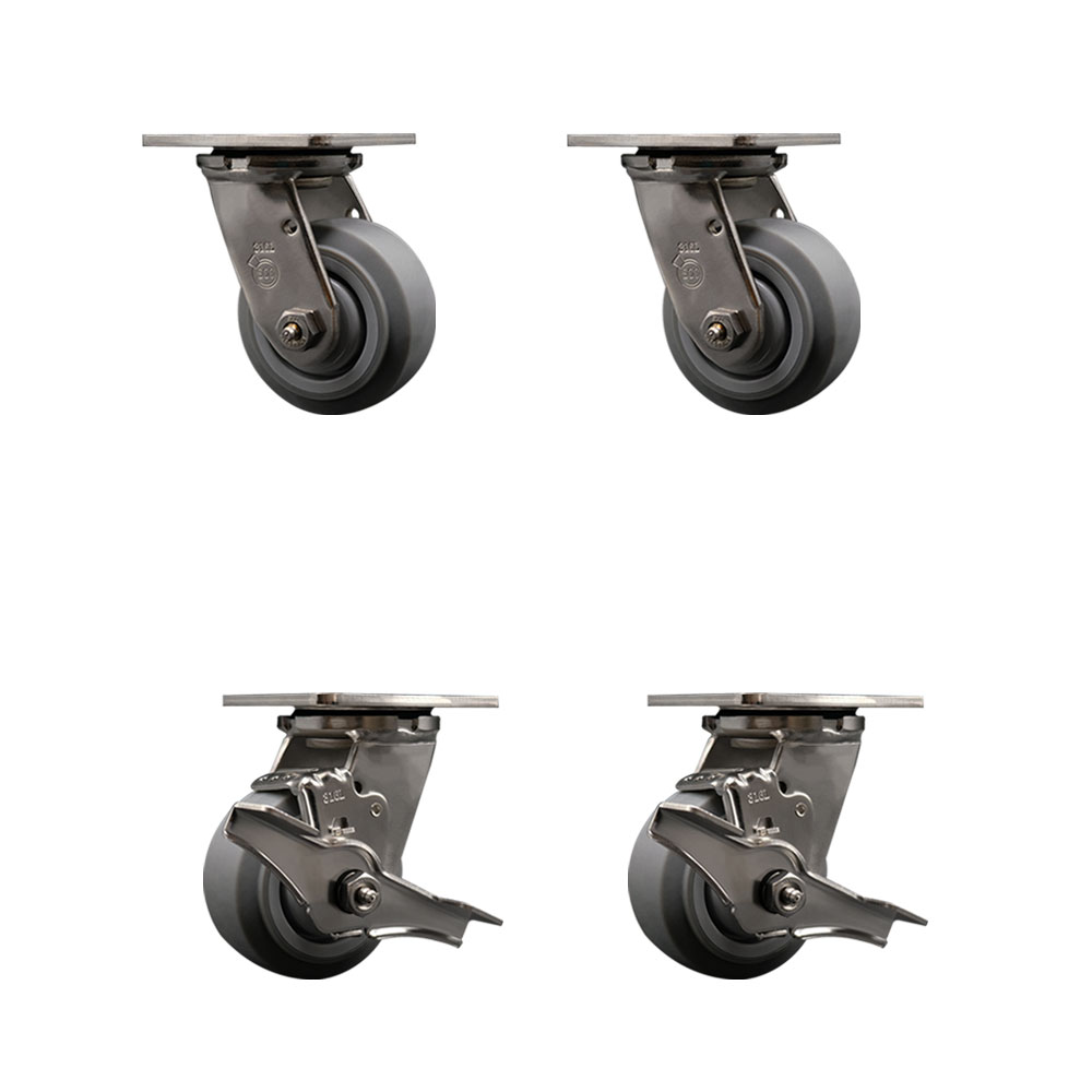 316 Stainless Steel Heavy Duty Swivel Caster Set of 4 with 4 Inch Thermoplastic Rubber Flat Tread Wheels and Ball Bearings - Includes 2 Swivel with Brakes and 2 Swivel - Service Caster Brand — photo 1